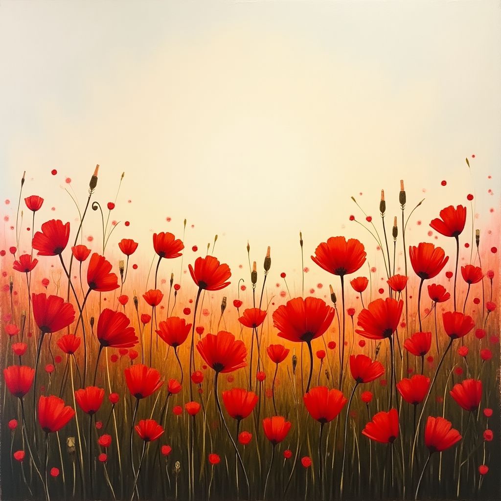A field of red poppies under a pale sky, loose oil painting with visible brushstrokes