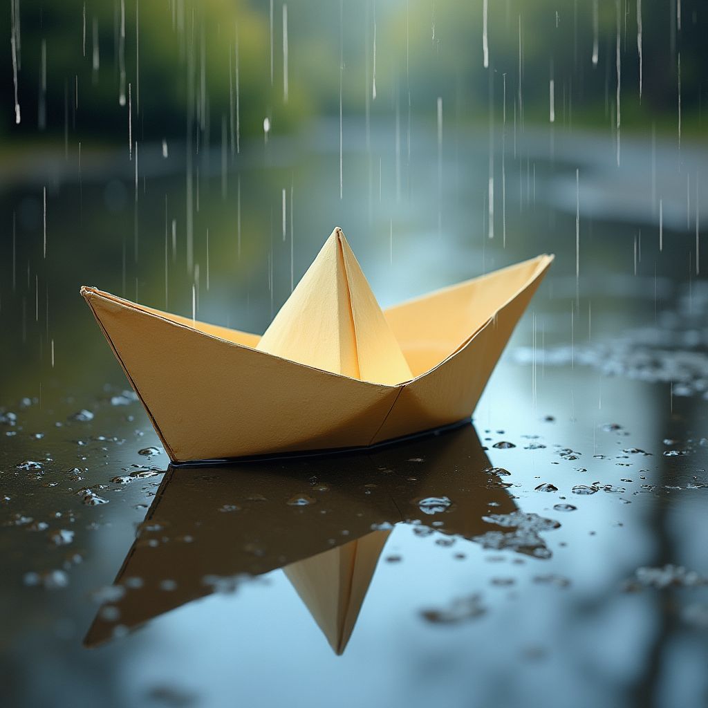 A paper boat floating in a rain puddle, close up, expressive painterly style, visible brushwork, rich pigment colours, soft studio light