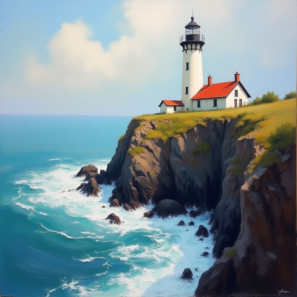 An old lighthouse on a cliff edge, waves breaking below, expressive painterly style, visible brushwork, rich pigment colours, soft studio light