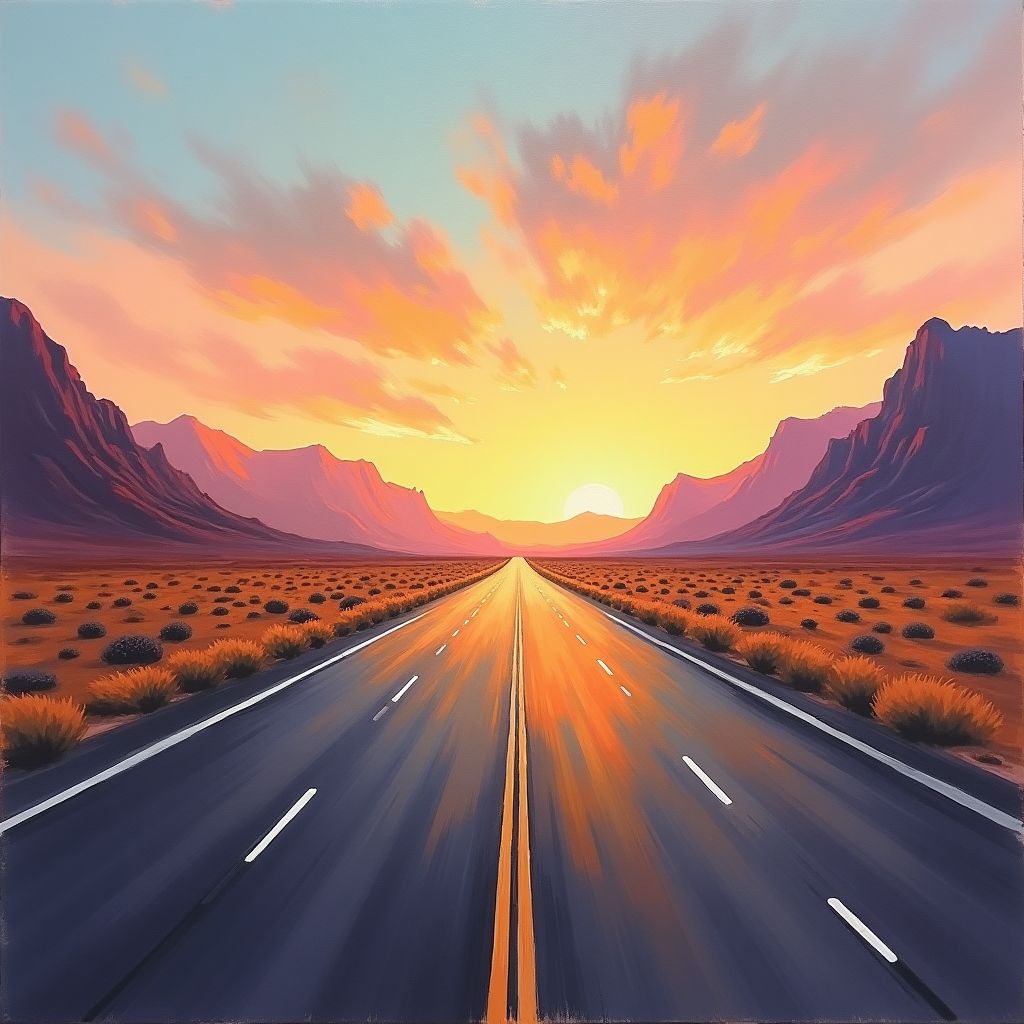 An empty desert highway at dawn, mountains on the horizon, expressive painterly style, visible brushwork, rich pigment colours, soft studio light