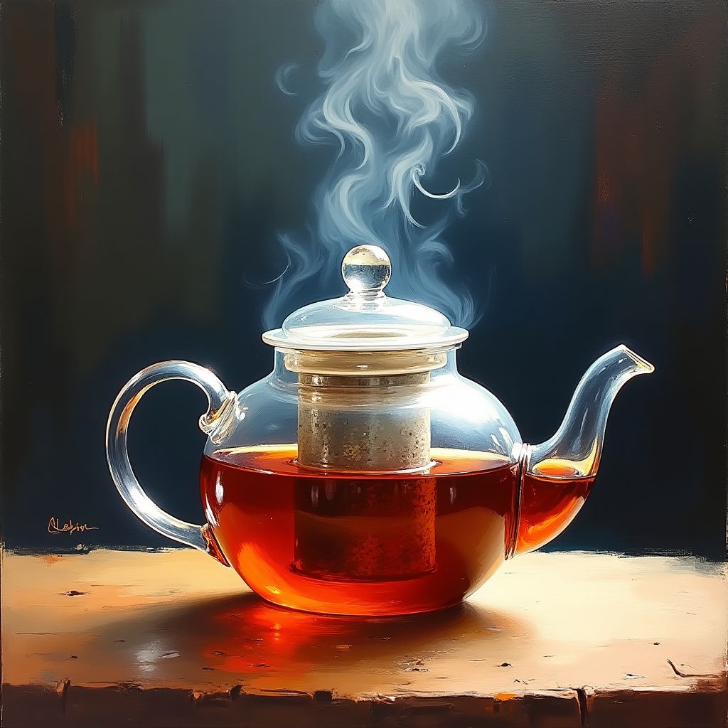 A glass teapot with steam rising, on a wooden table, expressive painterly style, visible brushwork, rich pigment colours, soft studio light