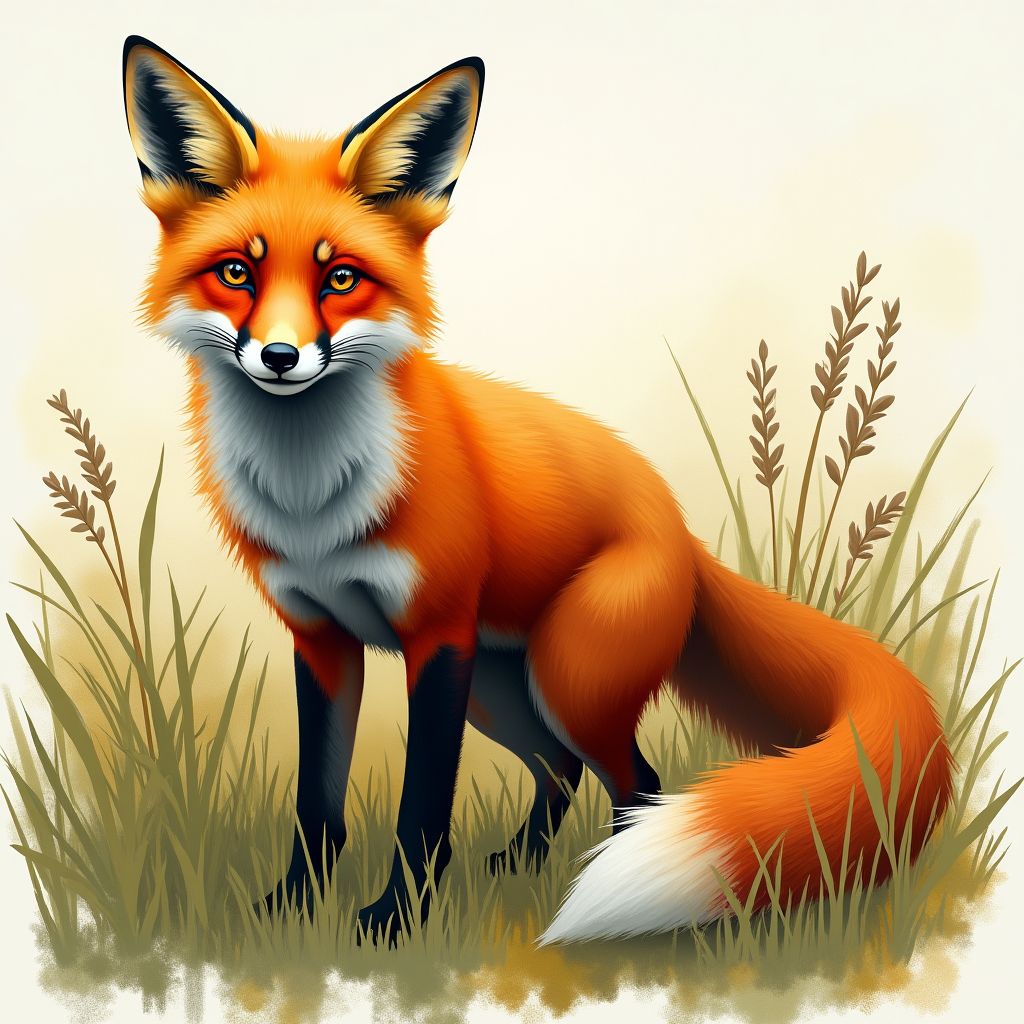 A red fox standing in tall grass, looking at the camera, expressive painterly style, visible brushwork, rich pigment colours, soft studio light