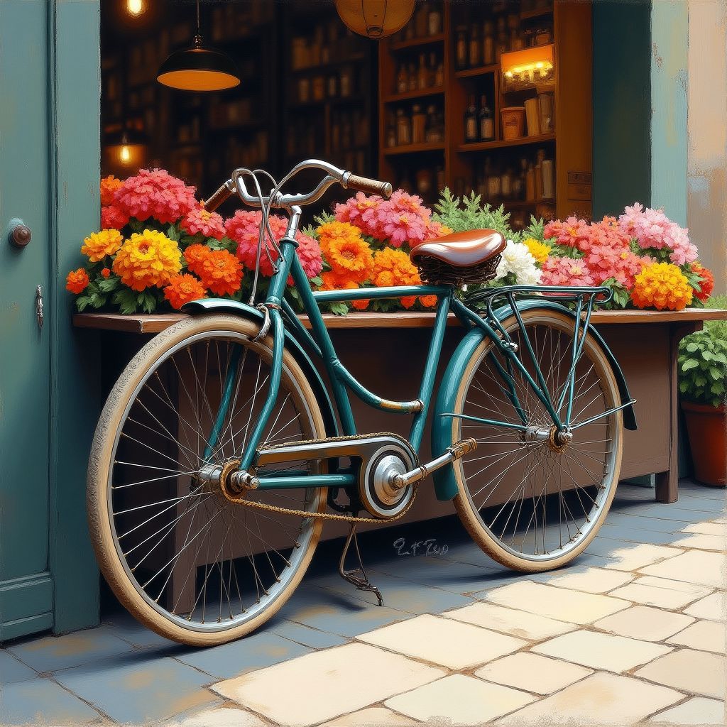 A vintage bicycle leaning on a stall at a flower market, expressive painterly style, visible brushwork, rich pigment colours, soft studio light