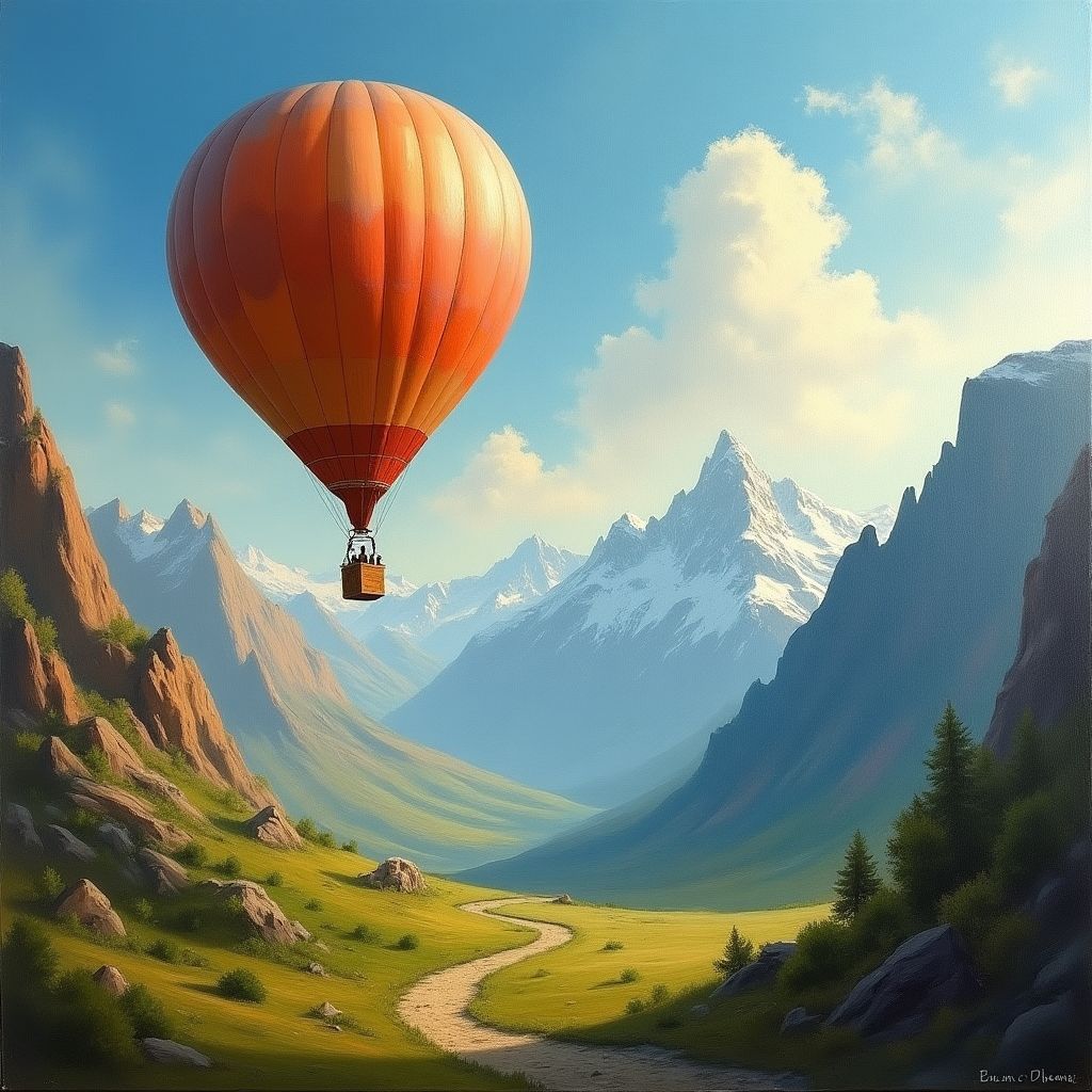A hot-air balloon drifting over a mountain valley, expressive painterly style, visible brushwork, rich pigment colours, soft studio light
