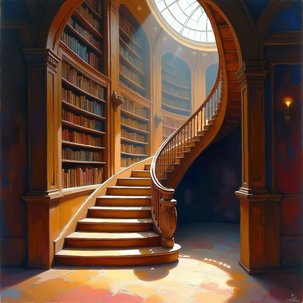 A grand library staircase with tall shelves and a skylight, expressive painterly style, visible brushwork, rich pigment colours, soft studio light